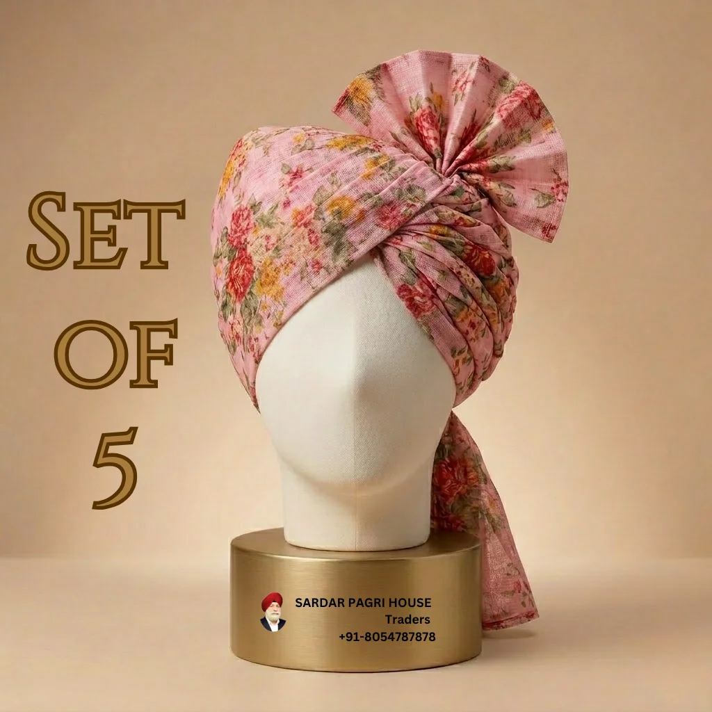 5 Meter Pastel Pink Printed Tissue Hindu Wedding Turban - Set of 5